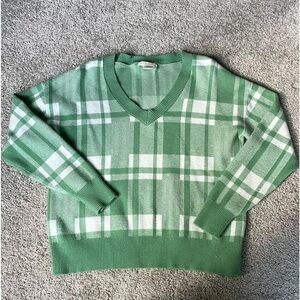 Christian Siriano Green and White Plaid V-Neck Sweater